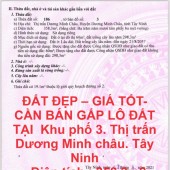ĐẤT ĐẸP – GIÁ TỐT- CẦN BÁN GẤP LÔ ĐẤT TẠI  Khu phố 3. Thị trấn Dương Minh châu. Tây Ninh